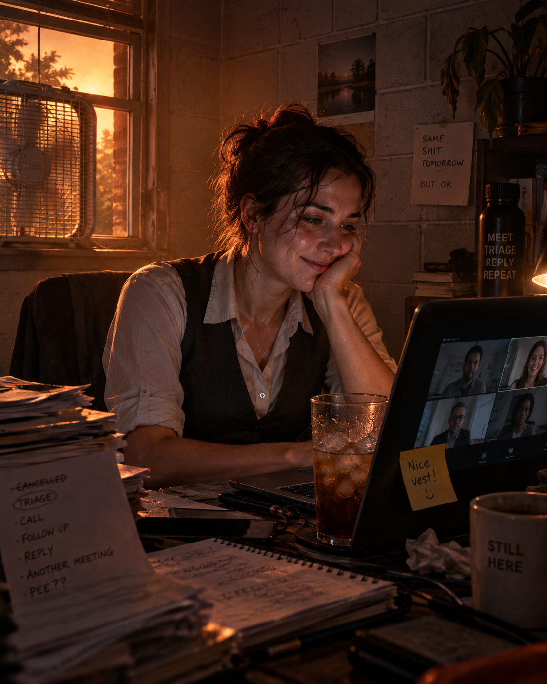 A woman in a vest smiling during a video meeting in a sweltering cinder-block home office.