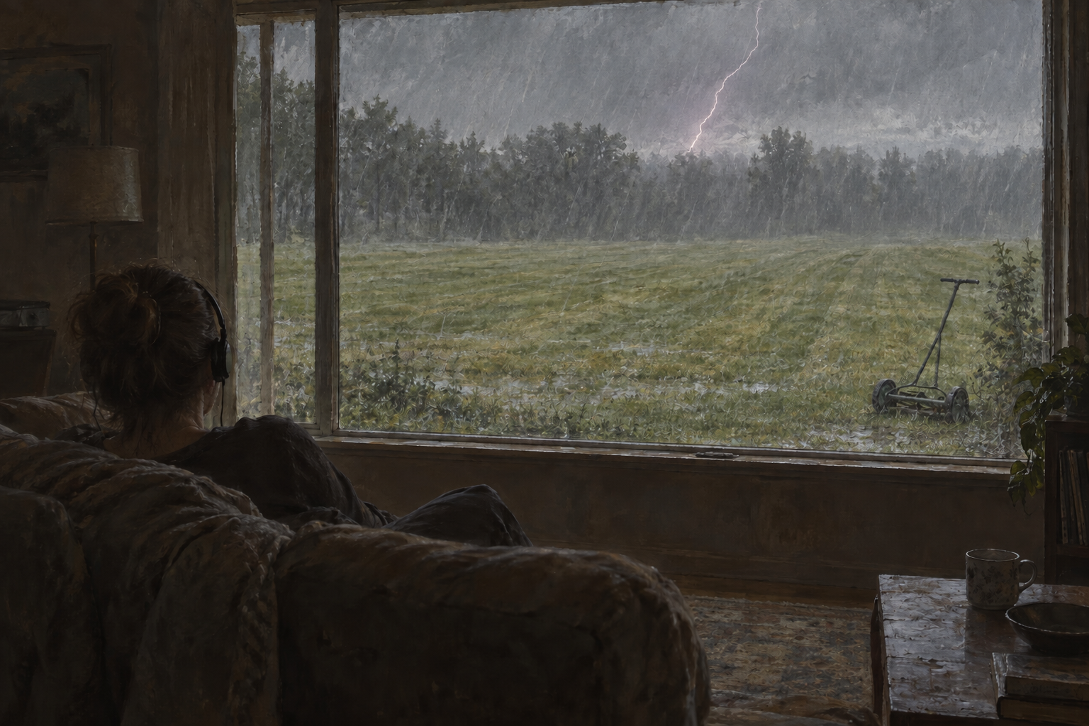 A person resting on a couch and looking through a wide window at a rain-soaked field and a reel mower.