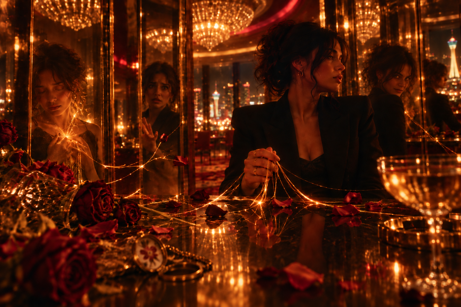 A woman in black sits at a mirrored table in a golden chandelier-lit room, holding glowing threads amid red roses and a fallen pocket watch.
