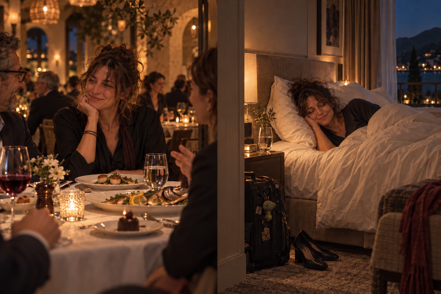 A woman enjoying conversation over dinner, beside a scene of her resting happily in a hotel bed.