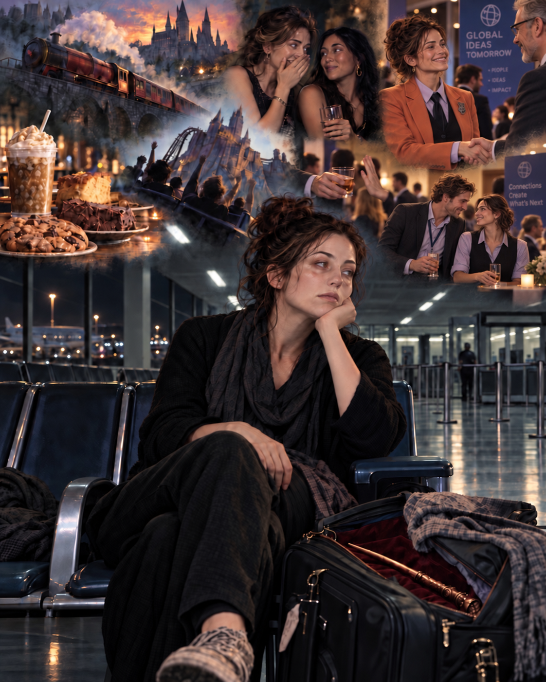 A woman waiting at an airport beneath a collage of theme park rides, desserts, gossip, and conference encounters.