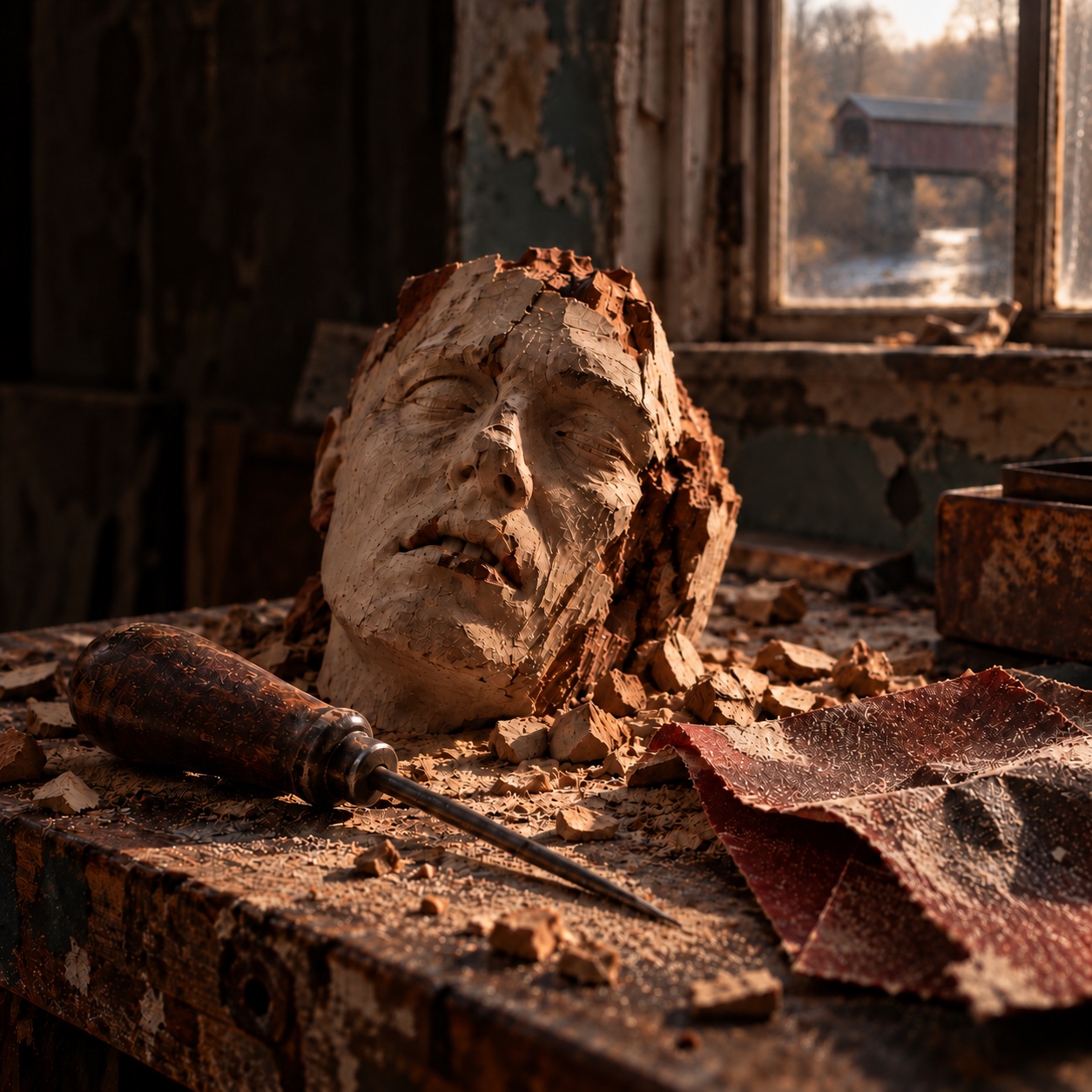 A weathered sculpted face rests among wood shavings, an awl, and coarse sandpaper on a workbench beside a sunlit window.